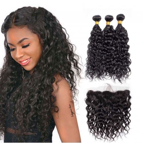 Brazilian Water Wave Bundles Virgin Hair Weaves with Lace Frontal Closure 1B Natural Black Soft Remy Hair