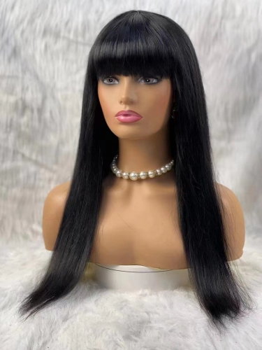 Glueless Human Hair Wigs Bob Full Machine Wigs Human Hair With Fringe Bangs 10-30 inch 1B Elastic Cap 250%