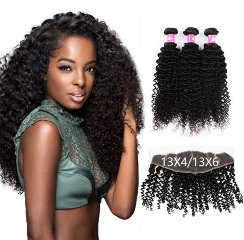 Brazilian Deep Curly Bundles Virgin Hair Weaves with 13X4/13X6 Lace Frontal Closure 1B Natural Black Soft Remy Hair