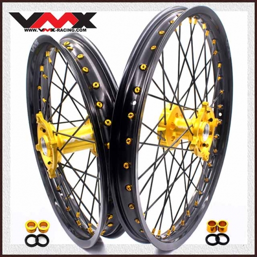 VMX 21/19 Dirt Bike Motorcycle Wheels Rim Set Fit SUZUKI RMZ250  RMZ450 2022 Gold Nipple Black Spoke