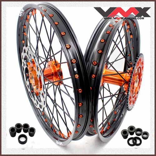 VMX 21/19 MX Casting Off-road Wheels Rims Compatible with KTM SXF XC 2003-2024 Orange Nipple Black Spoke Disc