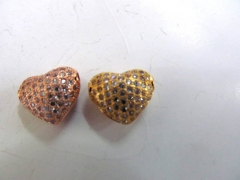 AAA grade 12x14mm 6pcs pave metal spacer &cubic zirconia crystal heart gold charm jewelry beads