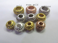 AAA grade 6x10mm 12pcs pave metal spacer &cubic zirconia crystal rondelle abacus silver rose gold mi