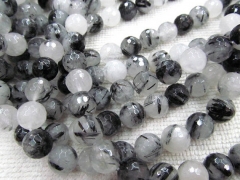 5strands 6-12mm high quality genuine black rutilated quartz round ball faceted gemstone bead