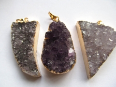 high quality 25-55mm 3pcs 24k gold edged genuinecrystal druzy quartz titanium freeform nuggets purpl