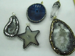 6pcs 25-80mm Fashion Natural Agate Druzy Pendant,Cubic Zirconia &Gunmetal Edging,freeform slab Star 