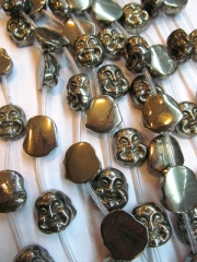 2strands Buddha genuine pyrite stone ,pyrite cube skull skeleton carved iron gold jewelry pyrite bea