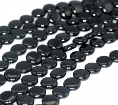 8mm Black Jet Gemstone Flat Round Coin Button Loose Beads 16 inch Full Strand (90186929-826)