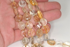 12mm Citrine Smoky Rock Crystal Mix Quartz Gemstone Flat Round Loose Beads 7.5 inch Half Strand (90191137-B40-583)