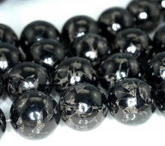 14mm Black Jet Pyrite Inclusions Gemstone Grade AA Black Round Loose Beads 16 inch Full Strand (90186962-822)