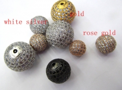 Free ship--12pcs 6-16mm Micro Pave Bling Beads White Silver Rose Gold Mixed color CZ Bead,Black Gunmetal Round Ball charm jewelr