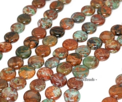 12mm African Green Opal Gemstone, Brown Green, Flat Round Circle Coin Button 12mm Loose Beads 8 inch Half Strand (90111907-130)