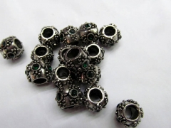 50pcs 10-12mm Brass Hollow Drum Bead, Pave Large Hole Beads,Green Crystal Cubic Zirconia Bead, CZ Micro Pave Bead