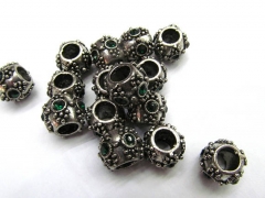 50pcs 10-12mm Brass Hollow Drum Bead, Pave Large Hole Beads,Green Crystal Cubic Zirconia Bead, CZ Micro Pave Bead