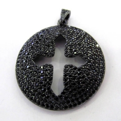 40mm Black JET Diamond Crystal cross Micro Crystal Pave Diamond Pendant gunmetal Jewelry Focal Round Disc Evil Jewelry beads 2pc