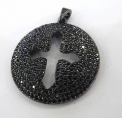 40mm Black JET Diamond Crystal cross Micro Crystal Pave Diamond Pendant gunmetal Jewelry Focal Round Disc Evil Jewelry beads 2pc