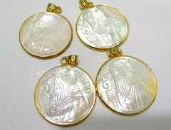 AA+ 32mm Genuine  Pearl Shell jewelry Gold Plated Palm shell gem pendant Virgin Mary Jess  cross focal beads 1PCS