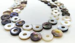 Full strand 16&quot; Grey Black White Mother of Pearl Round Loops, Shell Circle Charms, Round Ring Donut Beads, 12mm