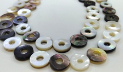 Full strand 16&quot; Grey Black White Mother of Pearl Round Loops, Shell Circle Charms, Round Ring Donut Beads, 12mm