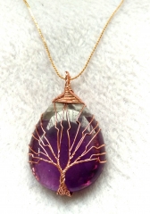 Handmade Wire Wrapped Tree of Life Natural Amathyst Gemstone Teardrop Pendant Necklace Healing Crystal Chakra Jewelry for women 18inch