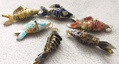 Free ship--10PCS Handmade Cloisonne articulated fish Animal  Gold Brass pendants-Earrings  Focal 25mm-90mm(4") DIY Violet blue black green