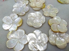 Drilled--10 Pcs Mother of Peal , 5 Petal Flower Shell , White rose fluorite carved Shell Flower ,Round ,  Shell Craft pendant 25mm to 50mm