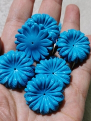 Handmade Turquoise Flowers, Blue Cabochons, 30mm Cabs, Mum Cabochons, Central drilled bead