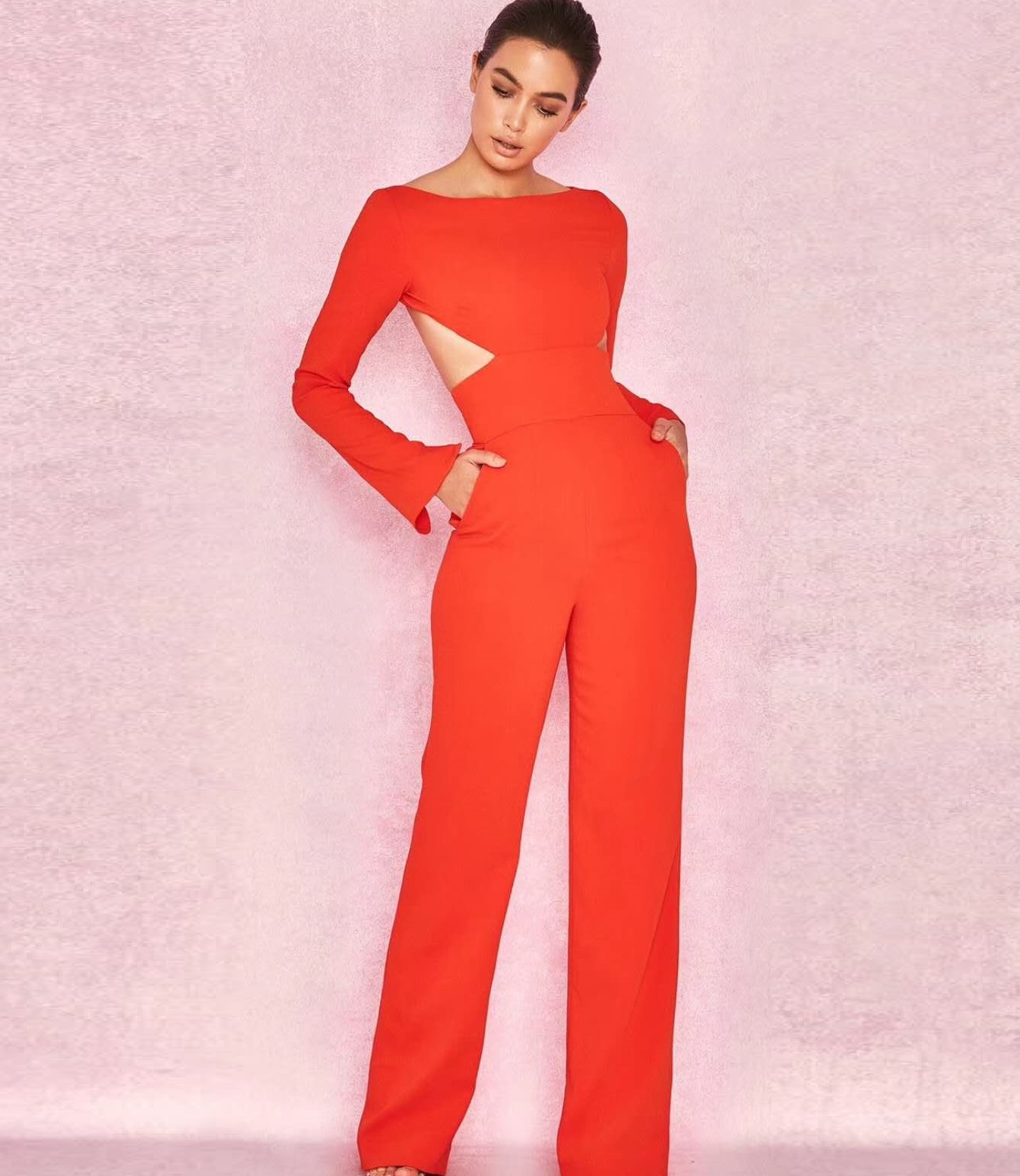 new fashion hot selling red cotton long sleeve women jumpsuit with