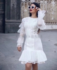 new fashion luxury white classic long sleeve bandage with mesh women party dress outfit clothing wholesale online