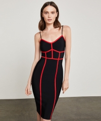 new fashion hot selling sample black with red women bandage midi party dress spaghetti strap bodycon sexy causal hourglass figure dresses wholesale