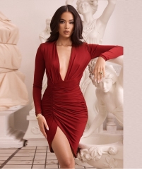 Latest Fashion Sexy Bodycon Deep v Neck Wine Red Long Sleeve Birthday Party Outfit Mini Dress Split Girl Dresses Wholesale