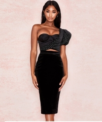 New Fashion Hot Selling Elegant Black One Shoulder Women Midi Party Dress Birthday Outfit Vestido Wholesale Online