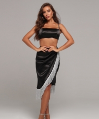 New Fashion Black Sexy Satin Two Piece Suit Crop Tops WIth Long Skirt Party Clubbing Women Dress Chic Diamond Tassel Outfit Wholesale Online