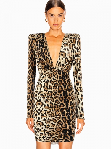 New Latest Sexy Deep V-Neck Bodycon Women Long Sleeve Leopard Print Bandage Dress For Formal Party