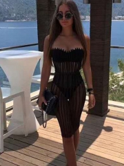 New Latest Black Sleeveless Off Shoulder Bodycon Women Sexy Mesh Bandage Dress For Beach Party