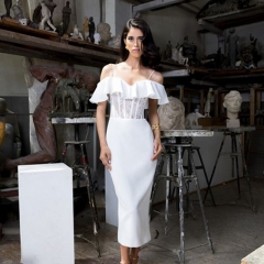 2020 New Fashion White Off Shoulder V-Neck Dress Mesh Ankle-Length Bandage Dress For Celebrity Dress