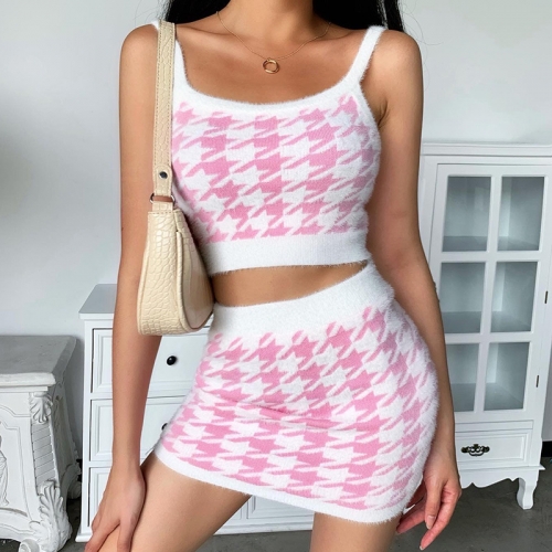 Hot Selling Women Skirt Suit Sexy Knitted Crop Top 2/pcs Set Streetwear Pink 2020 Wholesale Online