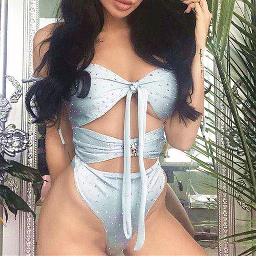 Summer Hollow Out Bikini Bathing Suit Grey Beading One Piece Swimsuit Sexy Bodysuit Beach Wear Wholesale Online