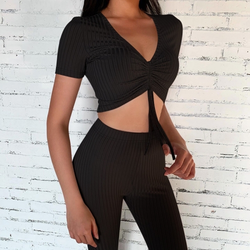 Women 2020 Summer V-Neck Short Sexy Crop Top and High Waist Pant 2 Piece Slim Fashion Clothes Fashion Sheath Streetwear