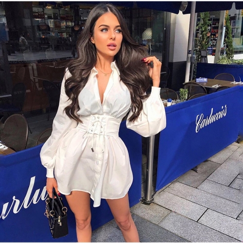 Hot Selling Deep V-Neck Sexy Dress Long Sleeve Ruffles With Belt Short Dress Casual Party Dress