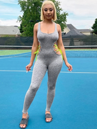 2020 New Fashion Grey Sleeveless Jumpsuit Sexy Hollow Out Sheath One Piece Bodysuit Casual Outfits