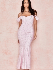 2020 New Coming Pink Printed Spaghetti Strap Bodycon Sexy V-Neck Ruffles Long Dress Birthday Party