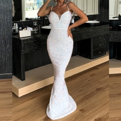 2020 New Fashion Sequined Sleeveless Long Dress Spaghetti Strap Floor Length Sexy Party Dress for Women