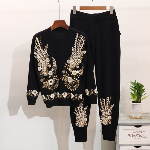 2020 Hot Selling 2pcs Suit Long Sleeve Jacket O-Neck Beading and Sequin Pullover And Pants Causal Women Set