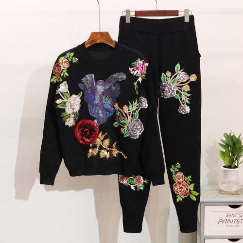 2020 Hot Selling 2pcs Suit Long Sleeve Jacket O-Neck Embroidery Coat And Pants Causal Women Set