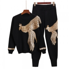 2020 Hot Selling 2pcs Suit Long Sleeve Jacket O-Neck Beading and Sequin Pullover And Pants Causal Women Set