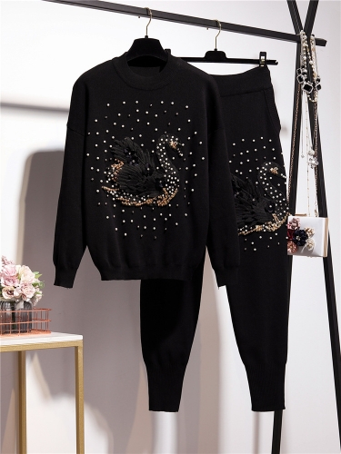 2020 Hot Selling 2pcs Suit Long Sleeve Beading Jacket Coat And Pants Causal Women Set