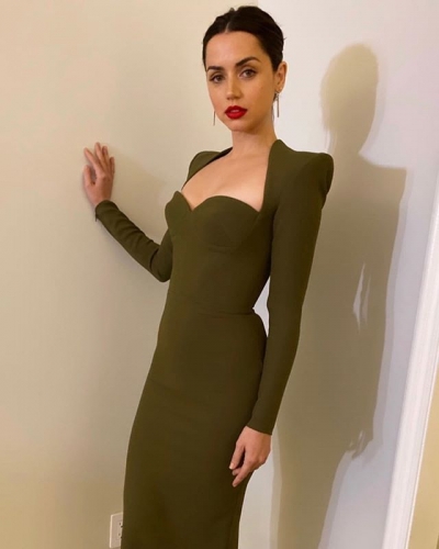 2020 New Fashion Bandage Dress Strapless Long Sleeve Mid Calf Party Women Bodycon Dresses
