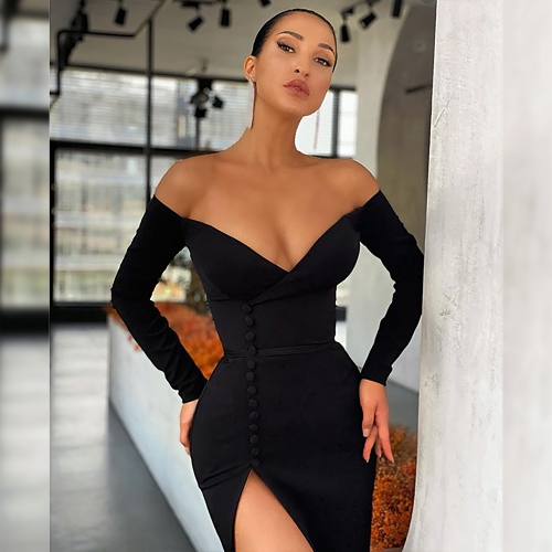 Sexy Long Sleeve Off Shoulder Black Long Sleeve Bodycon Bandage Dress 2021 Ladies Party Club Dress Vestido