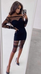 2021 Summer Lace Long Sleeve Mini Bodycon Off The Shoulder Black Bandage Dress Ladies Elegant Party Dress